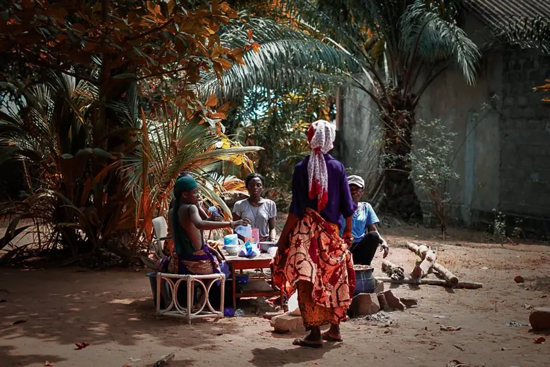 Women cooking together outdoors under palm trees in Togo